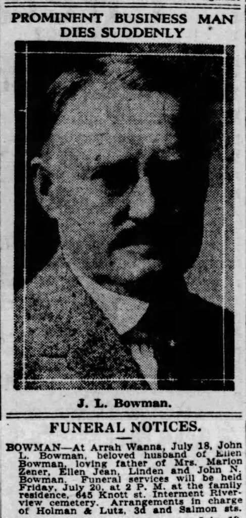 J. L. Bowman, Arrah Wanna Hotel owner, dies - The Oregonian July 20, 1928