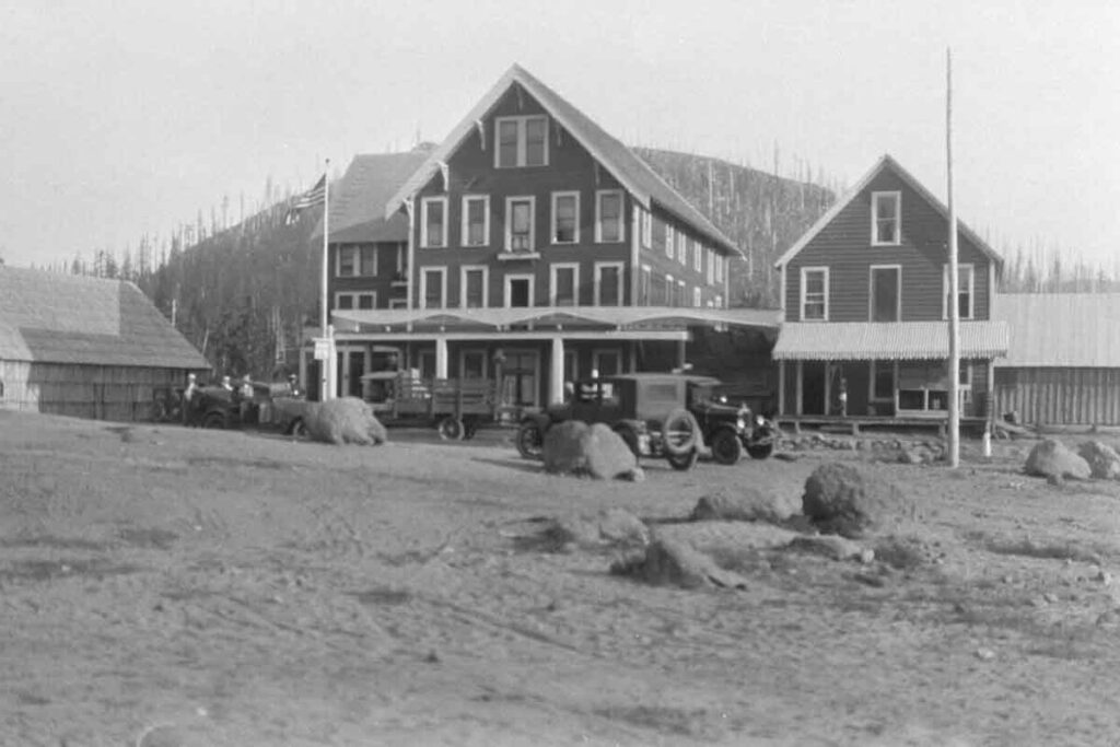 The Government Camp Hotel and Mountain View House with Multiple Mountain in the distance - Multorpor Mountain History